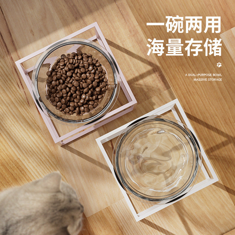 Ergonomic Clear Glass Water & Dry Food Bowl for Cats